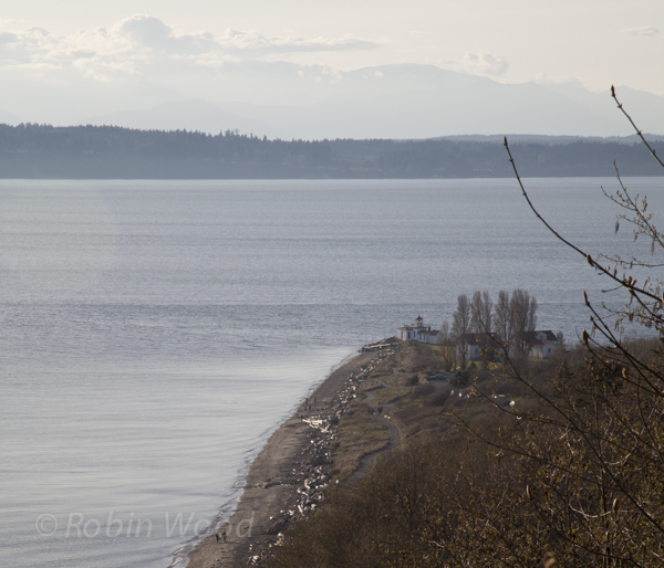 The view from Magnolia Bluff shows pedestrians walking the beach, with the lighthouse barely visible.