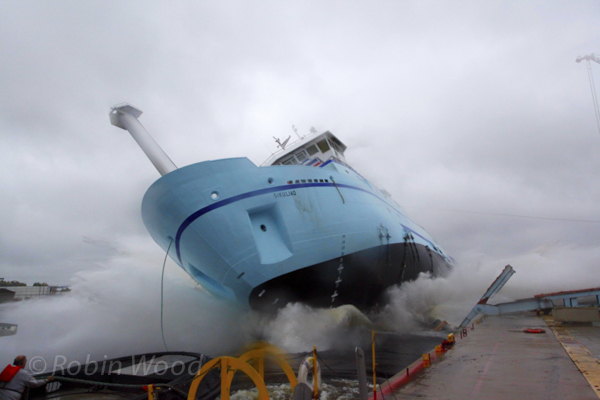 Research Vessel Sikuliaq gets its first taste of the water, Marinette, Wis. 